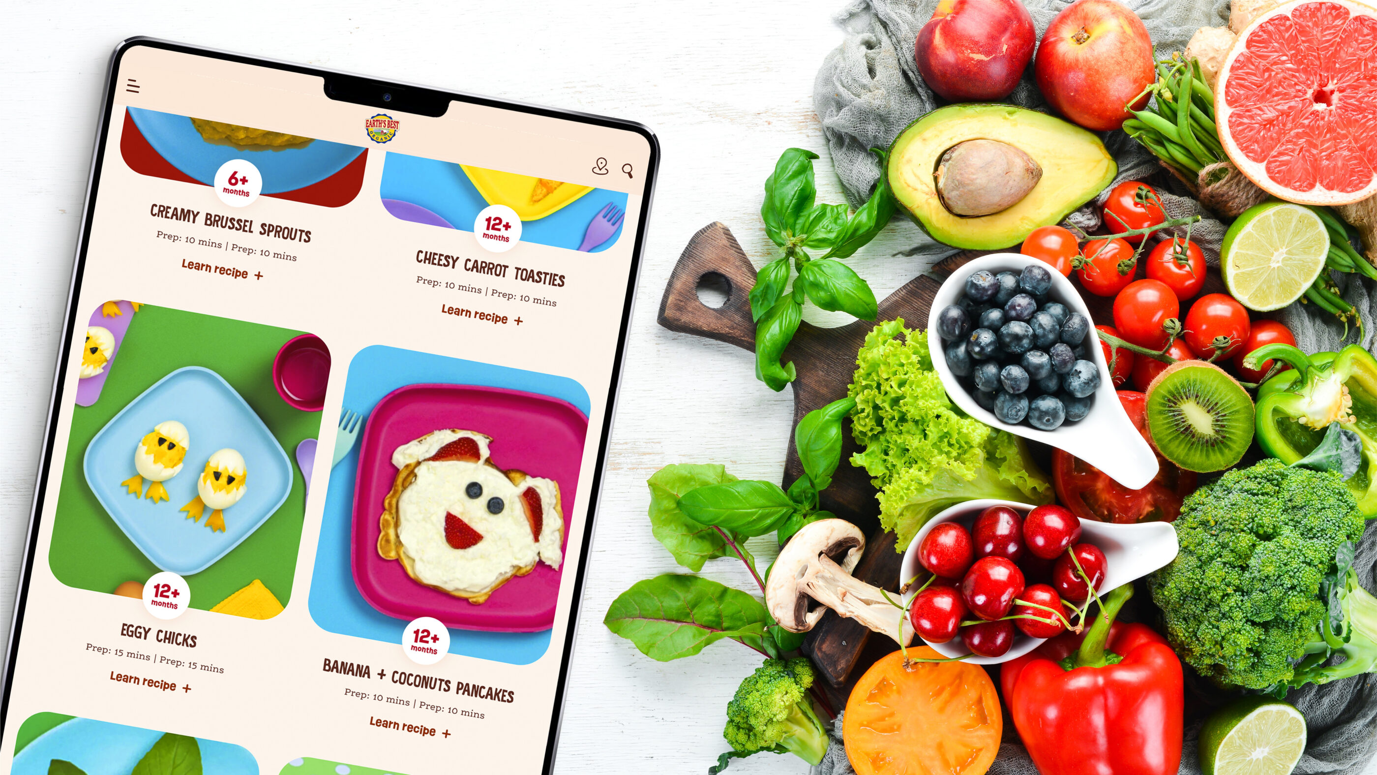 04 Earths Best recipes on ipad with fresh ingredients WIDE