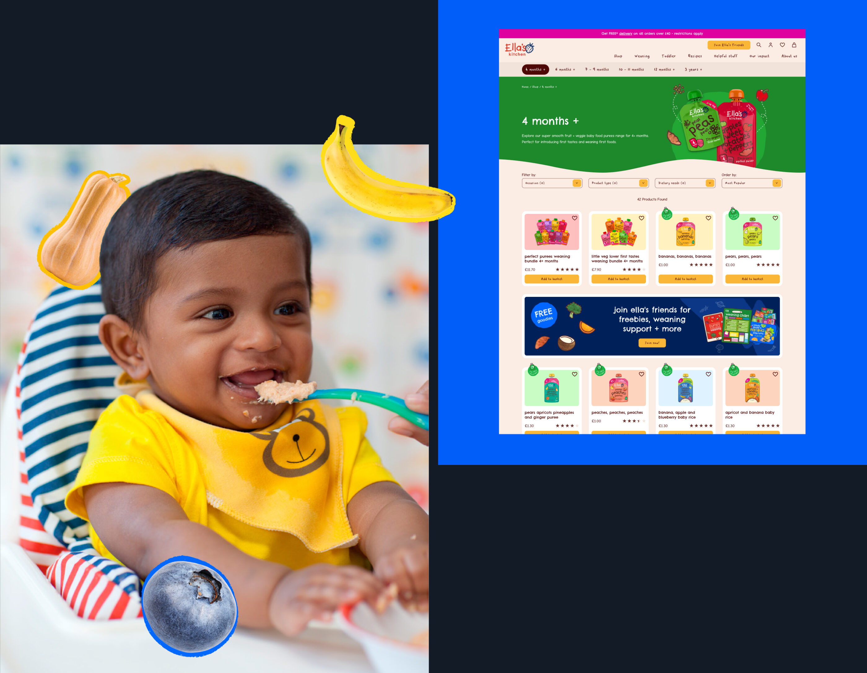 Ellas Kitchen Product page design alongside child happily eating